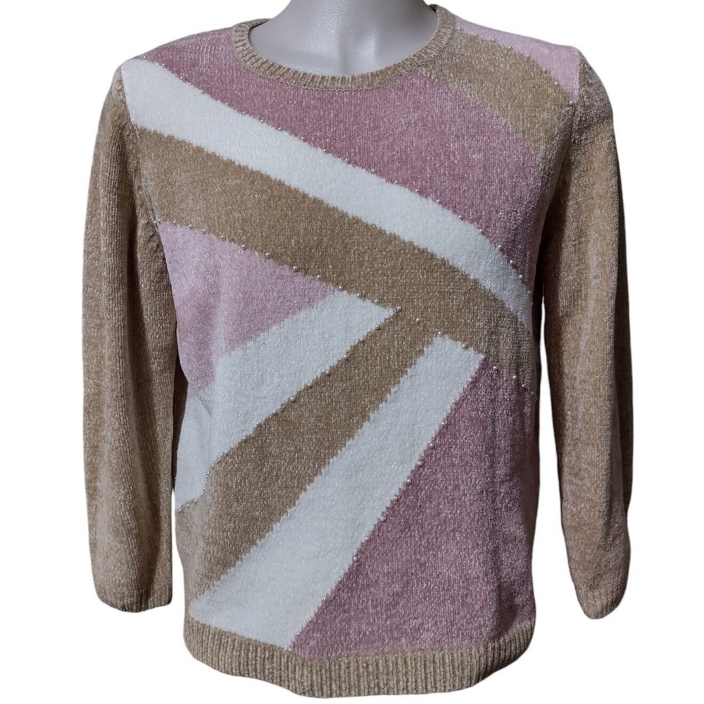 Alfred Dunner Sweater Womens XL Cozy Core Pink Tan Geometric Faux Pearl Chenille
